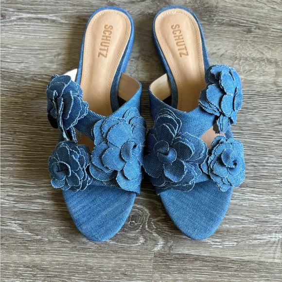Schutz Denim Floral Slide Sandals - Picture 3 of 5